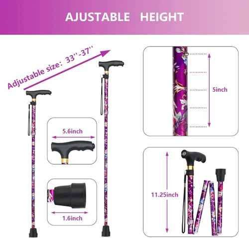 Vista 2 de Cane for Women with LED Light, Folding Walking Cane for Men and Seniors, Lightweight Collapsible Aluminium Cane, 5-Level Height Adjustable Walking