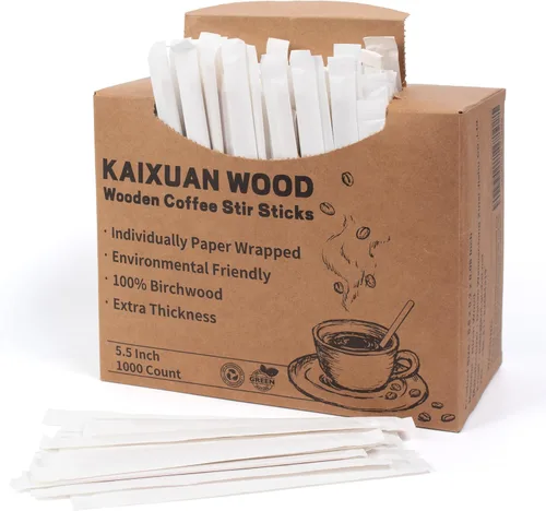 1000 agitadores de café envueltos individualmente de madera, palitos de madera desechables de 5.5 pulgadas para café, cóctel y bebidas calientes