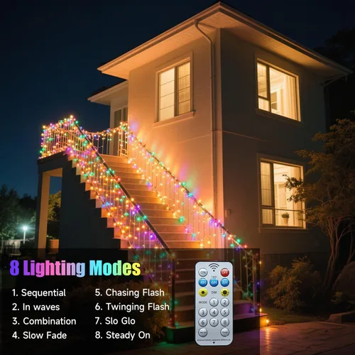 Vista 5 de Luces de Navidad con 8 modos de iluminación, 200 luces LED de 66 pies con control remoto, cadena de luces recargables para exteriores, decoraciones