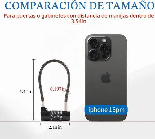 Vista 2 de Candado de combinación con cable de 4 dígitos y cable duradero de 3.5" ideal para casilleros, gimnasio, puerta, valla, caja de herramientas, funda