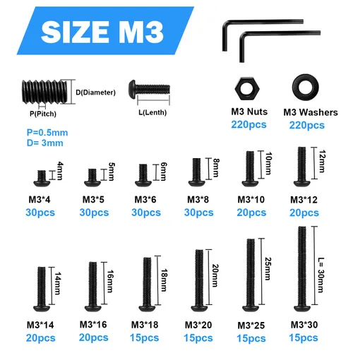 Vista 2 de Surtido de 702 tornillos métricos M3, tapa de botón hexagonal M3, tornillos de máquina M3, tornillos y tuercas surtido con llave Allen