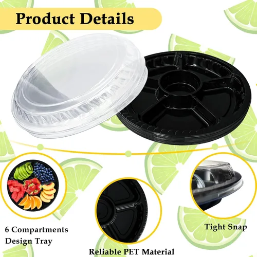 Vista 3 de Paquete de 12 bandejas de plástico para aperitivos con tapa, bandeja desechable transparente dividida para servir, 6 recipientes de almacenamiento