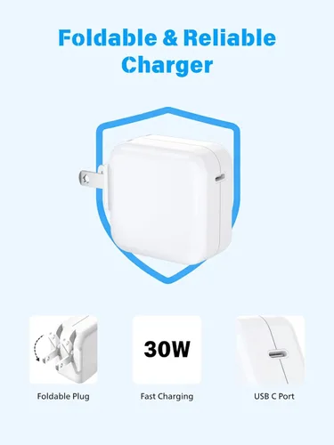 Vista 3 de Cargador de aire para MacBook de carga rápida, Apple 30 W, adaptador de corriente USB C extralargo cable USBC de 10 pies compatible con MacBook Pro