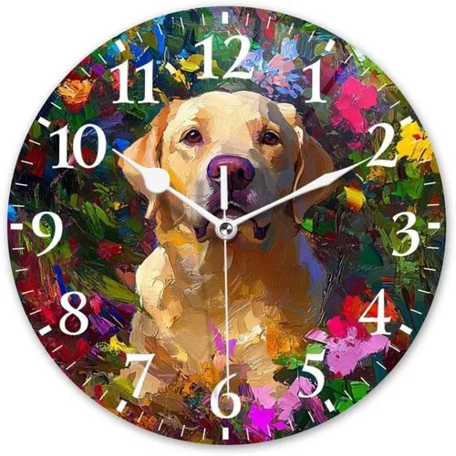 Battery Operated Round Wall Clock Non-Ticking Silent Analog Clcok Decorative for Living Room,Office,Kitchen-Golden Retriever in A Floral Filled