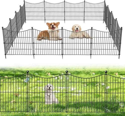 Vista 9 de 4 Paneles de Valla Decorativa de Jardín con Puerta, 121.92 cm(A) X 3.2 m(L) Valla sin Excavación para Perros Barrera de Animales al Aire Libre
