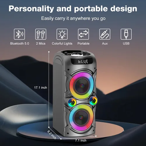 Vista 2 de Máquina de karaoke con 2 micrófonos inalámbricos, sistema de PA portátil, gran altavoz Bluetooth con luces LED, control remoto, compatible