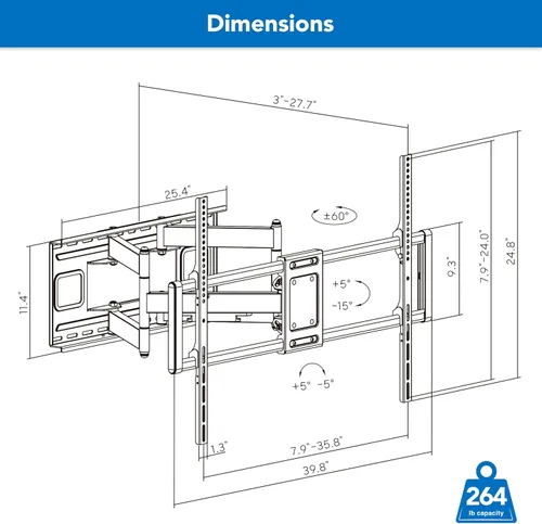 Vista 9 de Mount-It! Soporte de pared para TV de movimiento completo XXL resistente para televisores extra grandes, VESA máximo de 900 x 600, soporta hasta 264