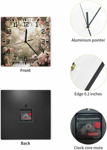 Vista 2 de Pink Rose Spring Floral Wooden Wall Clock Silent Non Ticking, Summer Roses Flowers Farmhouse Square Wall Clock Battery Operated, Decor Clock for