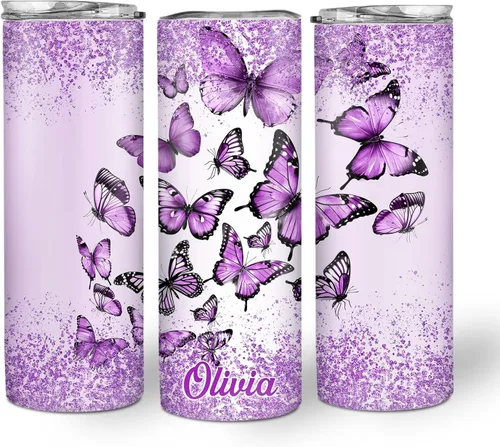 Vista 8 de Hyturtle Vaso personalizado de mariposa morada de 20 onzas con tapa, regalos de cumpleaños y Navidad para ella, madres, mujeres, amantes