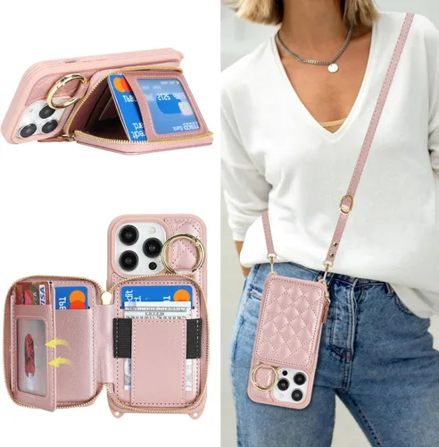Vista 48 de Funda tipo cartera tipo bandolera para iPhone 11, de piel sintética, con cremallera, tipo cartera, con función atril, con ranuras para tarjetas