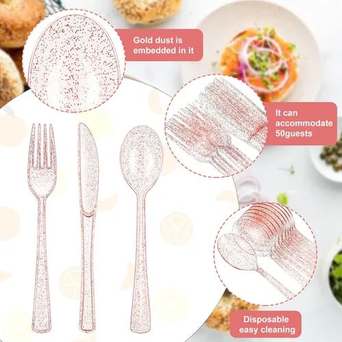 Vista 3 de Youyole 150 Pcs Pink Plastic Silverware Set Disposable Flatware Christmas Silverware Includes 50 Forks 50 Spoons 50 Knives Glittery Plastic Cutlery