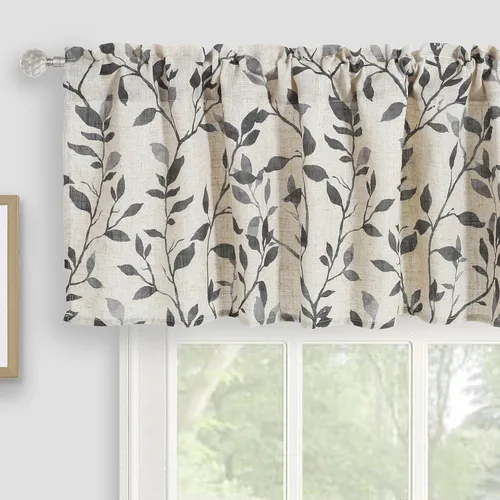 Vista 10 de Cenefa de cocina de lino, cenefas de cortina con estampado de hojas de árbol para baño, dormitorio, sala de estar, decoración de granja con bolsillo