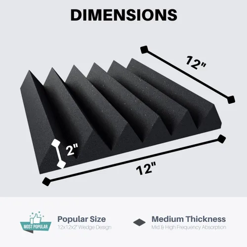 Vista 2 de Paneles de espuma acústica profesional estilo cuña de 12 x 12 x 2 pulgadas, paquete de 4, espuma de estudio para amortiguación de sonido e Carbón