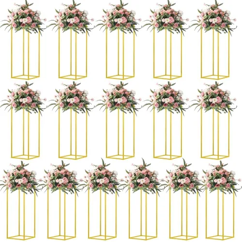 Vista 10 de Jarrones de columna de 15.75 pulgadas, 2 piezas de centros de mesa dorados para mesa, soporte de flores de metal, centros de mesa de boda dorados