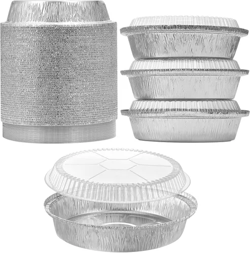 Vista 9 de Paquete de 50 sartenes redondas de papel de aluminio de 7 pulgadas con tapas de plástico transparente Contenedores desechables para hornear