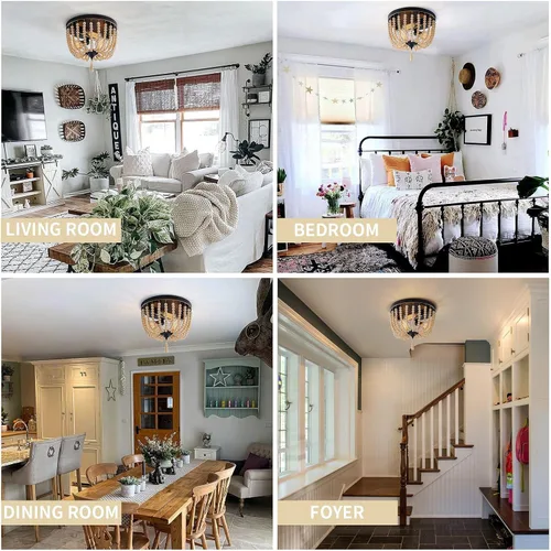 Vista 3 de Lámpara de techo de madera con cuentas de granja, 3 luces, estilo bohemio, con cuentas de madera, accesorios de iluminación vintage para entrada