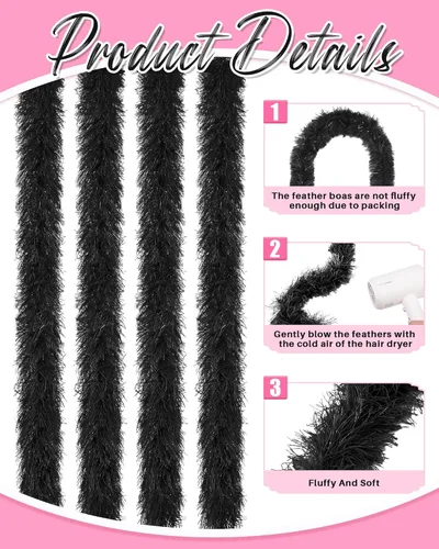 Vista 3 de Juego de 8 boas de plumas artificiales esponjosas, decoración para mujer, vestido de disfraz para niña, fiesta de té, Negro