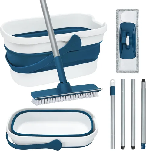 Set de trapeador y cubo plegable con trapeador de fregado y cepillo, cepillo para pisos de azulejos, laminado y madera dura y trapeadores planos