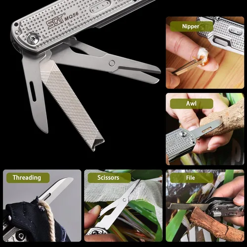 Vista 8 de SQT 2056 Cuchillo multiherramienta 13 en 1 con rompecristales, cuchillo de supervivencia para exteriores, camping, senderismo, emergencia - Tijeras