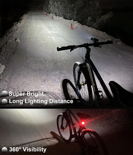 Vista 5 de Luces de bicicleta para conducción nocturna, luz de bicicleta de 6400 mAh delantera y trasera, USB C recargable, súper brillante, 1200 lúmenes
