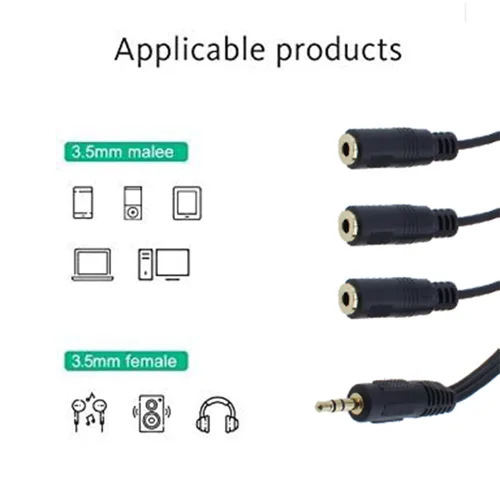 Vista 5 de 2 divisor de audio 1M/3F, chapado en oro de 1 pie TRRS macho de 0.138 in a conector estéreo hembra de 0.118 x 0.138 in 1 entrada 3 salidas divisor