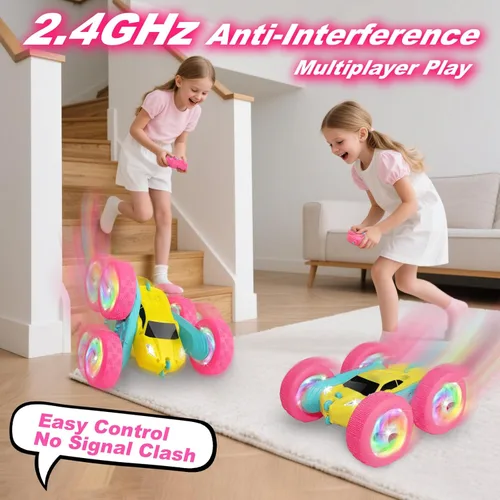 Vista 3 de Auto de control remoto, autos RC para niñas, auto de acrobacias 4WD de doble cara con luces RGB y giros de 360°, baterías modulares USB-C, juguetes