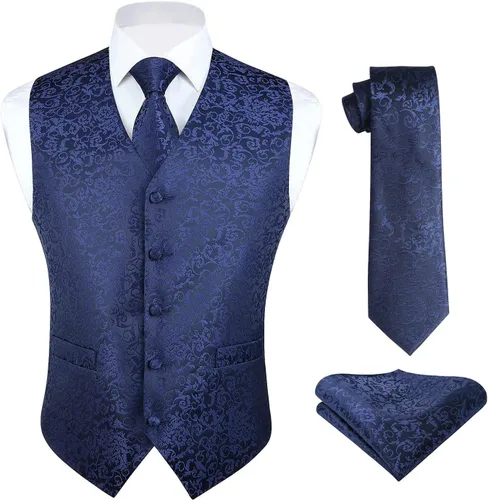 Vista 28 de HISDERN Conjunto de 3 piezas de chaleco formal para hombre, chaleco formal de cachemira floral jacquard corbata bolsillo cuadrado chalecos