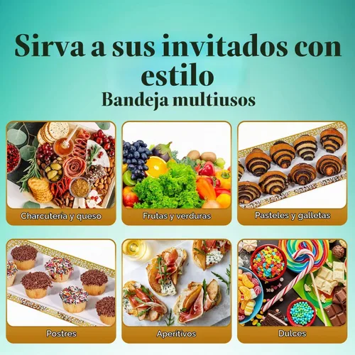 Vista 7 de Bandeja de Servir de Plástico Transparente (Paquete de 4) Bandejas y Platos Desechables Transparentes con Borde Dorado para Servir Alimentos Borde