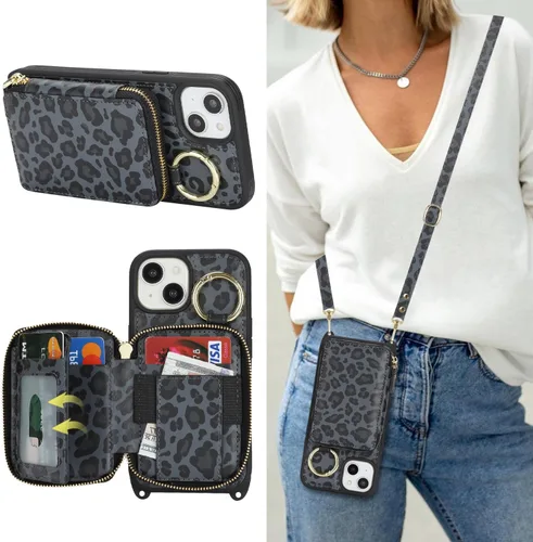 Vista 54 de Funda tipo cartera tipo bandolera para iPhone 11, de piel sintética, con cremallera, tipo cartera, con función atril, con ranuras para tarjetas