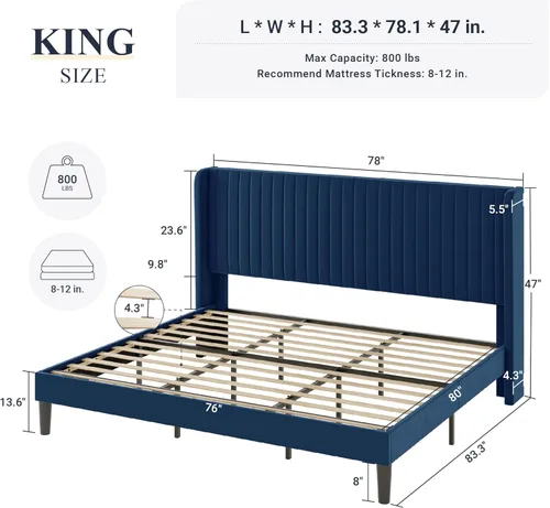 Vista 88 de Allewie Marco de cama de terciopelo tamaño Queen, cabecera capitonada con canal vertical, plataforma tapizada, listones de madera fuertes,