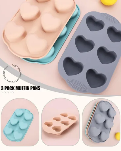Vista 4 de Moldes de silicona para jabón, 6 agujeros, molde de silicona en forma de corazón para jabón de pastel de chocolate, paquete de 3 moldes