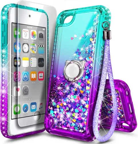 NGB - Funda para iPod Touch 7, iPod Touch 6/5 con protector de pantalla HD y soporte de anillo para niñas, mujeres, niños, bonita funda líquida con