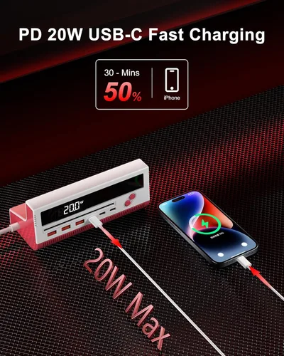 Vista 3 de Estación de carga USB 10 en 1, regleta de alimentación de 4 salidas con 6 USB, cable de extensión de 5 pies de largo, enchufe plano de 45°, estación