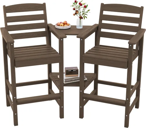 Vista 17 de SERWALL: Juego de 2 sillas Adirondack altas con mesa conectada, taburetes de exterior para todo clima, color azul Aruba