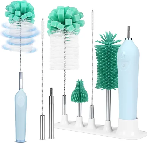 Vista 9 de Limpiador eléctrico de cepillo de botellas con soporte, limpiador automático recargable de botellas de agua con mango de extensión de acero