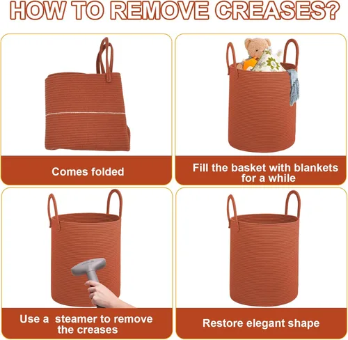 Vista 7 de Cesta de lavandería de cuerda de algodón, contenedor de almacenamiento de gran capacidad con asas, canasta grande para manta para sala de estar