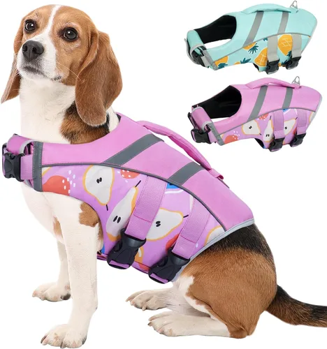 Vista 13 de Kuoser Chaleco salvavidas para perros con rayas reflectantes, chaleco ajustable de alta visibilidad, salvavidas Ripstop, preservador de mascotas