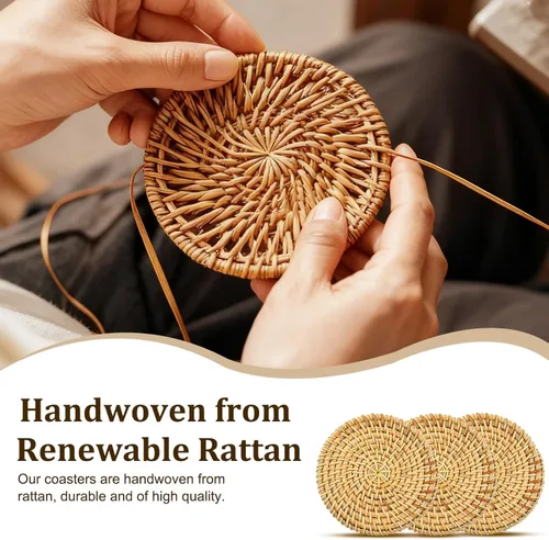 Vista 4 de Juego de 6 posavasos de ratán hechos a mano con soporte, posavasos de mimbre boho para bebidas, posavasos redondos de ratán, decoración rústica