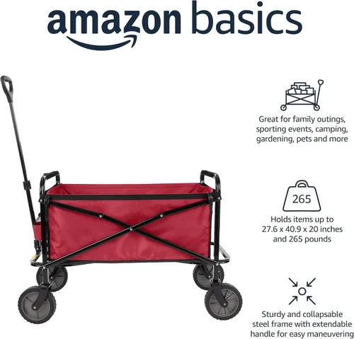 Vista 2 de Amazon Basics - Carrito plegable resistente para exteriores, para deportes al aire libre, camping, jardín y compras, capacidad de peso de 265 Rojo
