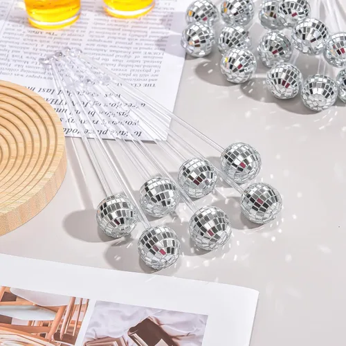 Vista 2 de Sawysine 24 piezas de bolas de discoteca, agitadores de cóctel, bola de discoteca plateada, varillas decorativas de espejo de 20 cm, agitadores