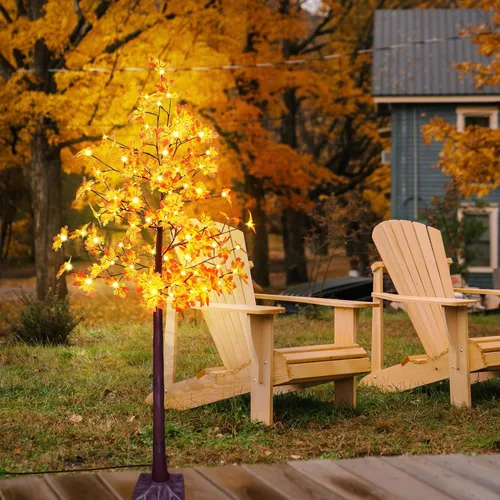 Vista 3 de Árbol de arce artificial solar de 6 pies con 120 luces LED blancas cálidas preiluminadas, decoración de árbol de otoño con modos de iluminación