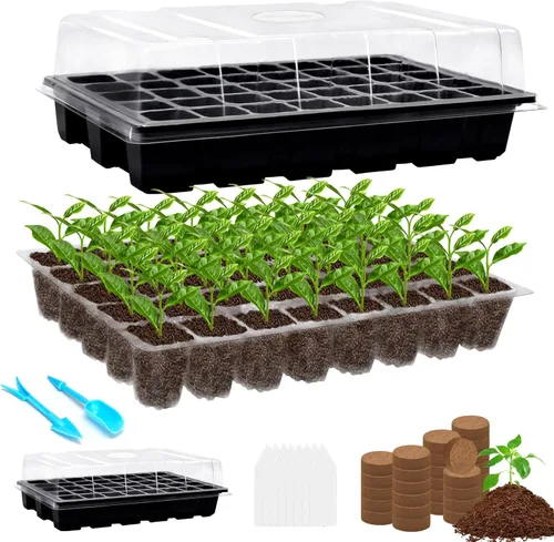 Vista 8 de Halatool Juego de 2 bandejas de iniciación de semillas, paquete de 2 bandejas de germinación con 50 pellets de coco, sistema de germinación