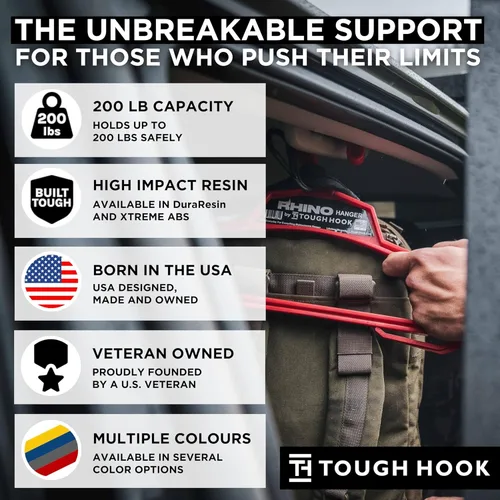 Vista 8 de Rhino Tough Hook - Perchas resistentes para ropa, fabricadas en Estados Unidos, de grado militar, para armadura corporal, capacidad de 200 libras