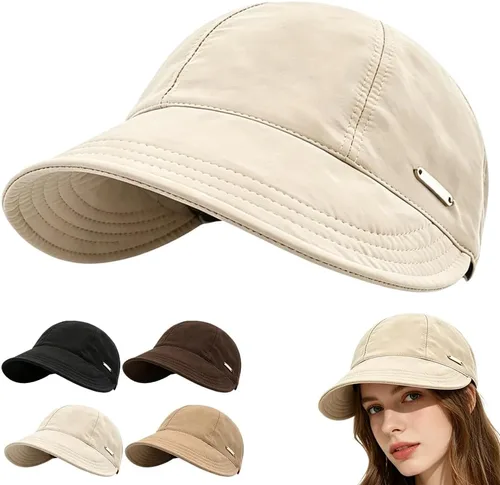 Sombreros de sol UPF50+ para mujer, sombrero de pesca de ala ancha, gorra de protección UV con soporte para máscara, gorra de cola de caballo Beige
