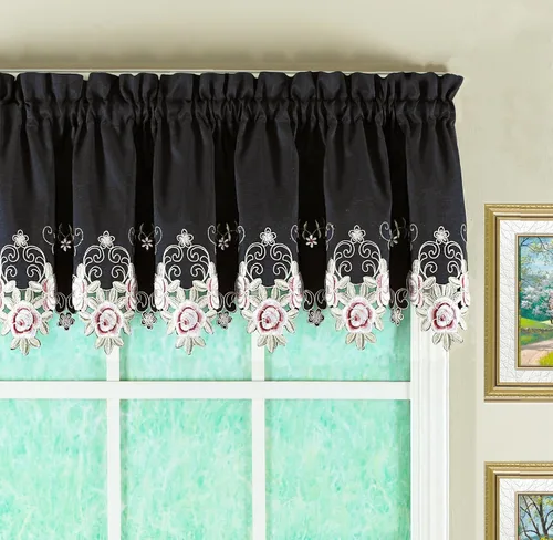 Vista 10 de Today's Curtain Verona cenefa bordada inversa, 14 pulgadas, negro/rosa, 60 pulgadas de ancho x 14 pulgadas de largo