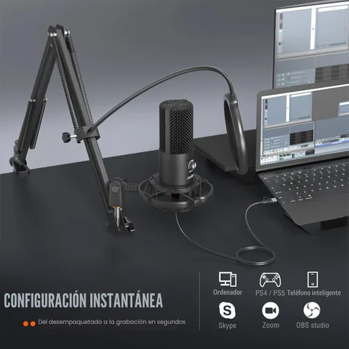 Vista 5 de FIFINE Micrófono USB de condensador de estudio, kit de micrófono para computadora con brazo de brazo ajustable, soporte de choque para instrumentos