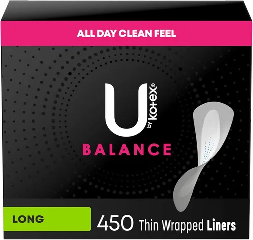 U by Kotex Balance Daily Wrapped Panty Liners, absorción ligera, largo, 450 unidades (5 paquetes de 90) (el embalaje puede variar)