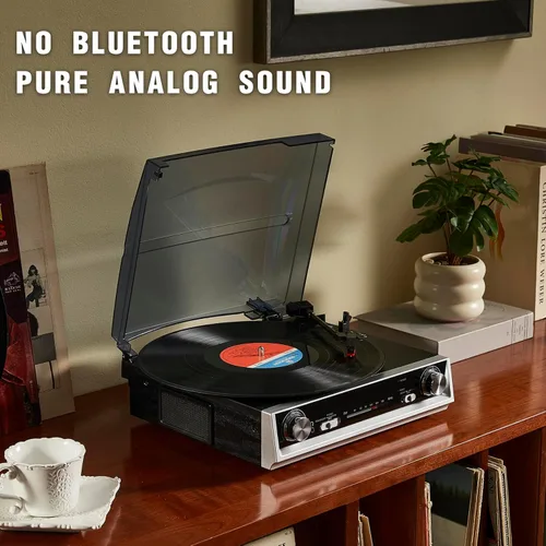 Vista 6 de Tocadiscos de vinilo, tocadiscos vintage de 3 velocidades con altavoces integrados y radio FM, tocadiscos todo en uno para vinilo con salida RCA