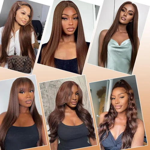 Vista 5 de Peluca de cabello humano lacio con encaje frontal color marrón chocolate, pelucas de cabello humano lacio de 13 x 4 con encaje frontal HD, pelucas