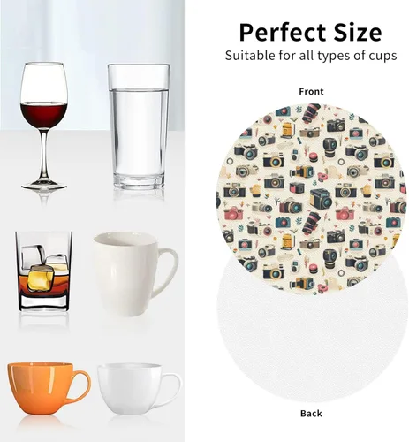 Vista 7 de Retro Camera Print Coasters Set of 4, Drink Coasters for Tabletop Protection Suitable for Kinds of Cups, Funny Cup Coaster for Coffee Table Living